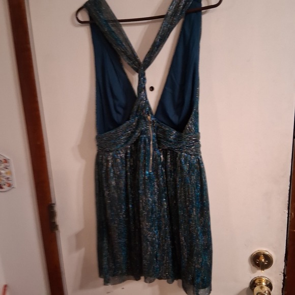 Lulus Ailey Gold Teal Deep Plunge Skater Dress NWT XL - Picture 3 of 11